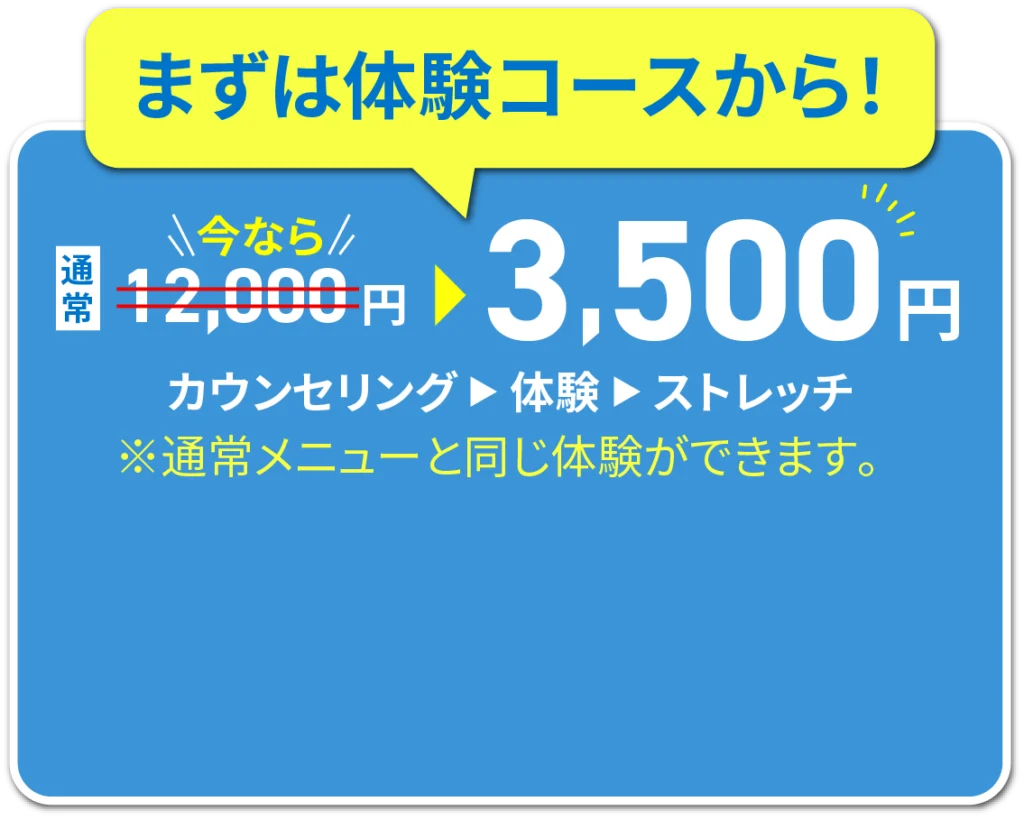 まずは体験コースから！通常12000円が今なら3500円カウンセリング→体験→ストレッチ※通常メーニューと同じ体験ができます。